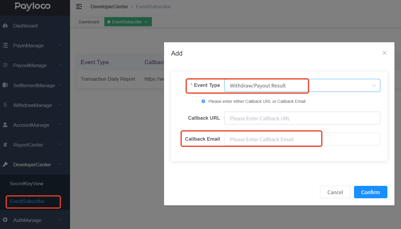 Payment/Withdrawal Result Notification